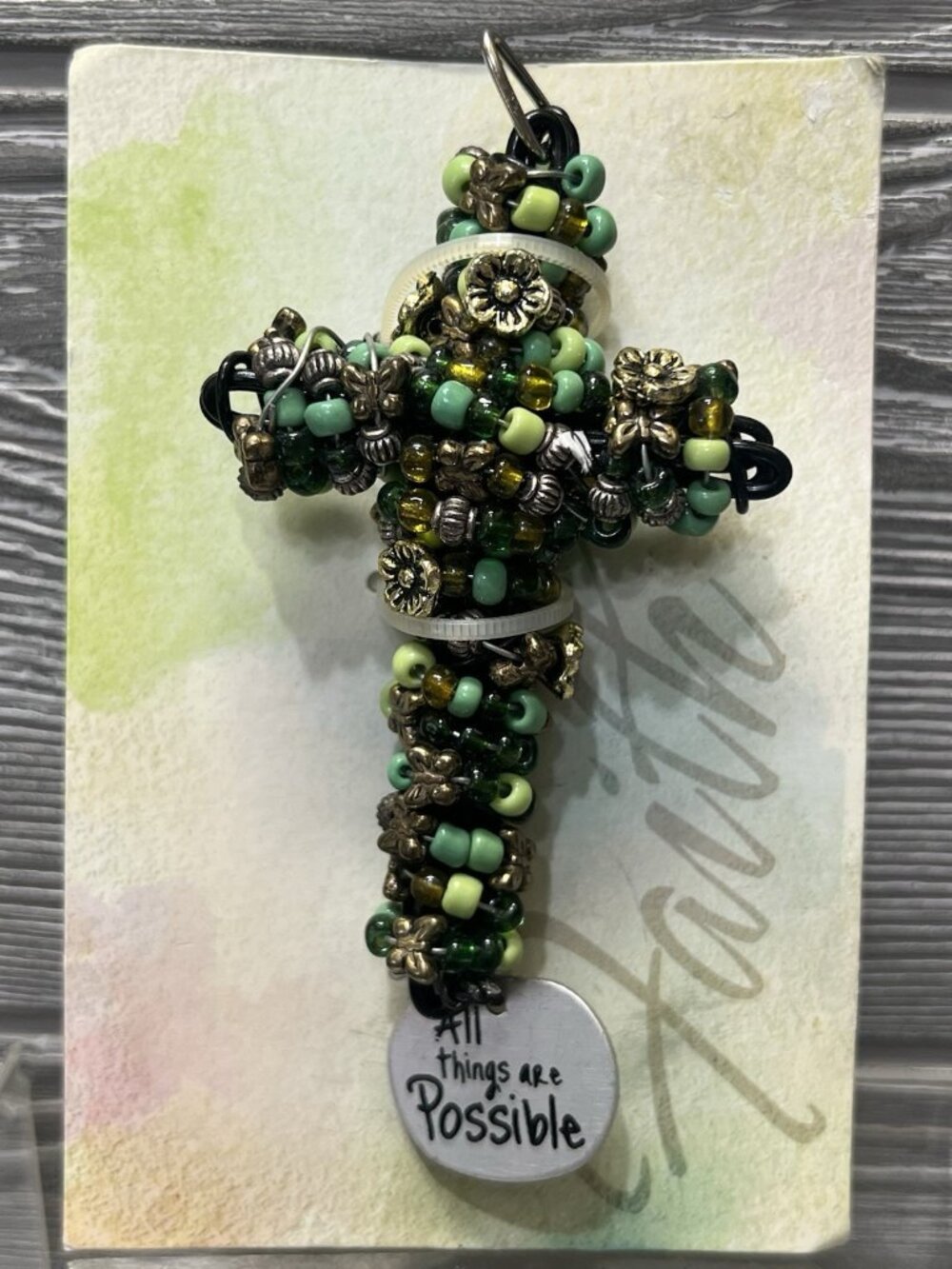 Boho Cross Pendant Green Beaded 4” All Things Possible Christian Religious